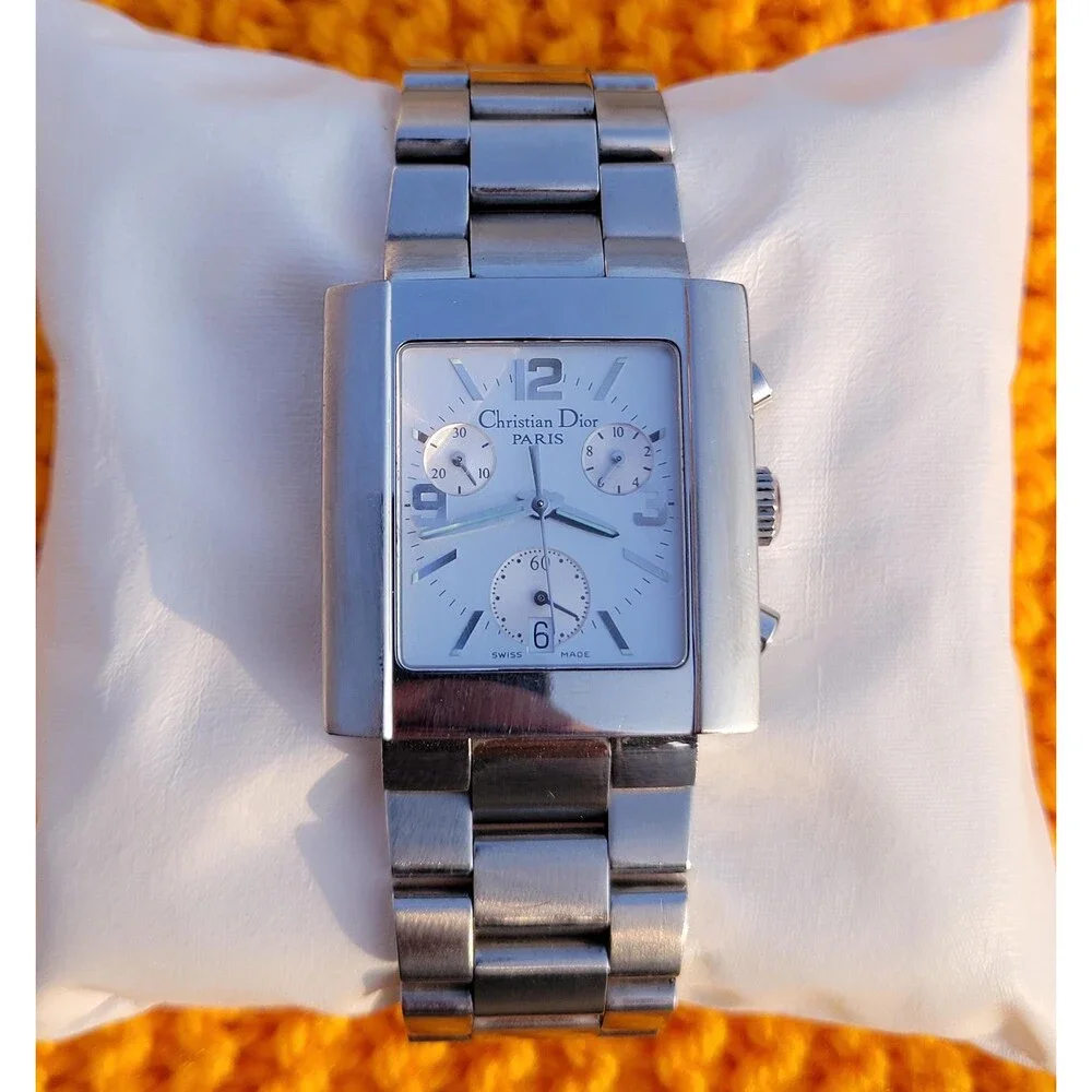 Christian Dior Riva Chronograph Watch Silver Rectangular Swiss Made Luxury